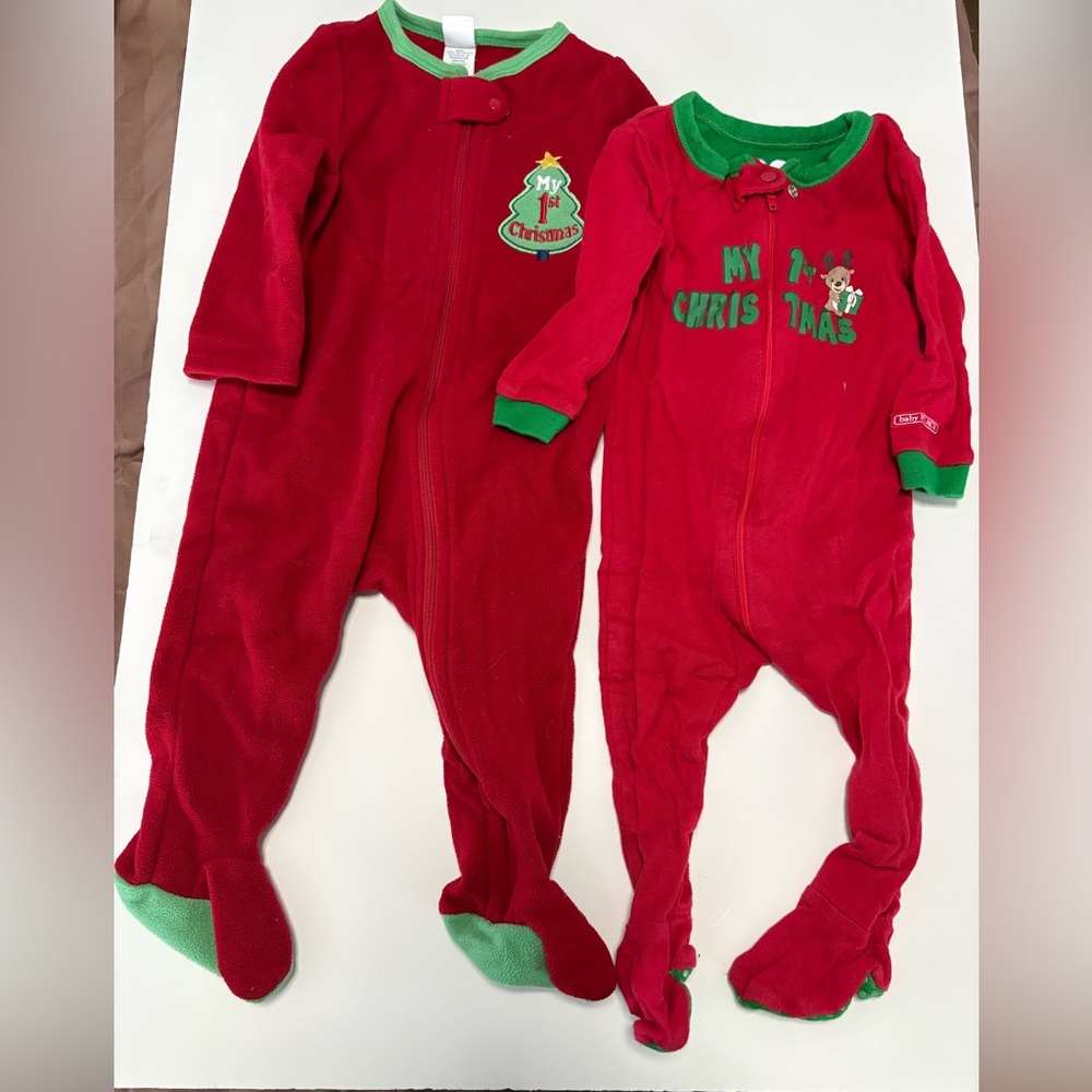 My first Christmas zip up pjs footies fleece and reindeer 9M